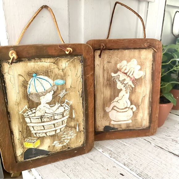 Vintage Boy & Girl Painted Chalkboard Bathing Bathroom Wall Hanging Art Portugal - Picture 2 of 11